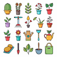 Doodle style gardening tools and plants in pots collection