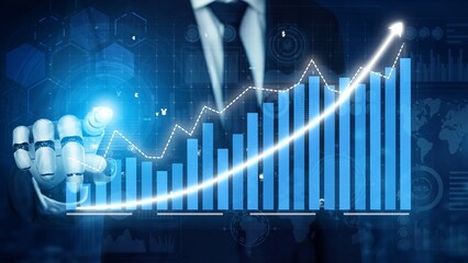 A businessman interacts with a digital growth chart, illustrating financial metrics and market...