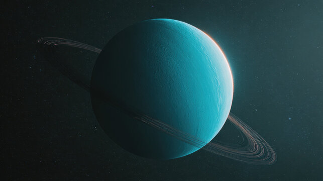 Photorealistic view of the planet uranus with soft blue atmosphere and visible ring system floating in outer space - Powered by Adobe