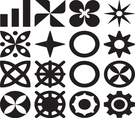 Collection of sixteen black geometric and abstract symbols and icons on a white background pattern