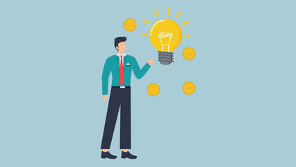 Businessman with a bright idea, standing next to a light bulb, symbolizing innovation and creativity