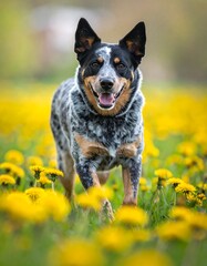 Dog in a field of dandelions