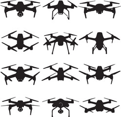 Collection of twelve black quadcopter drone silhouettes with cameras and propellers technology