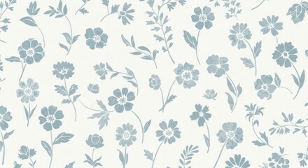 Delicate blue flowers and leaves scattered across a white surface create a calming and elegant floral pattern, perfect for a spring or summer theme.
