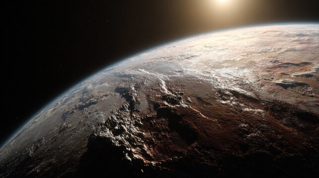 Dwarf planet Pluto surface seen from space with sunlight casting shadows over rugged terrain of ice mountains and reddish rocky plains