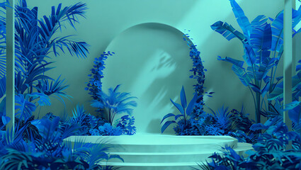 Abstract blue jungle with archway and podium