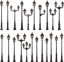 Collection of vintage street lamps with dark brown posts and muted tan glass panels lamppost antique