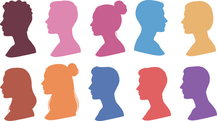 Colorful human face silhouette vector illustration showing men and women side profiles for design, identity, diversity, and creativity