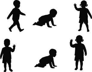 Silhouette illustration of children and babies in different poses including walking, waving, and crawling for creative design projects