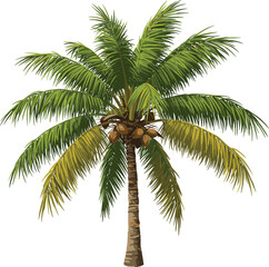 Fototapeta premium Tropical coconut palm tree illustration with green leaves, exotic beach plant nature design for vacation and summer concept