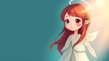 Illustration of a cute cartoon angel girl with red hair and a long white cloak on a white background.