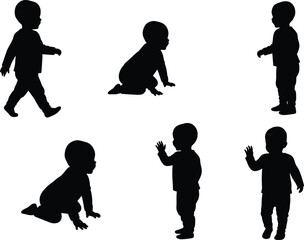 Baby silhouette vector illustration of toddlers crawling, walking, and standing poses for childcare, parenting, education, and design