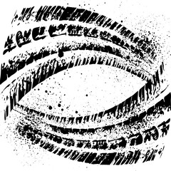 Tire tracks pattern with ink splatter grunge background. The car's wheels print. Vector illustration