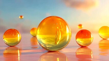 Golden-orange liquid spheres float and reflect on a rippled surface under a serene, colorful sky - Powered by Adobe