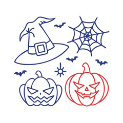 Halloween vector illustration with pumpkins bats witch hat and spiderweb