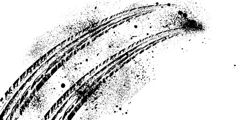 Tire tracks pattern with ink splatter grunge background. The car's wheels print. Vector illustration