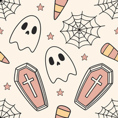 Cute halloween pattern vector spooky background with ghosts and coffins
