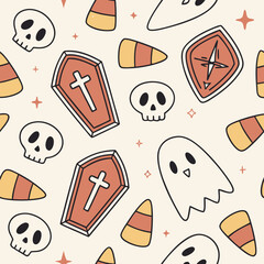 Seamless halloween pattern with candy corn skulls ghosts and coffins design