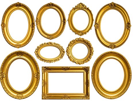Gold picture frames.  Variety of shapes