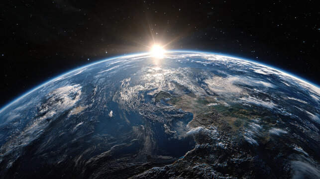 Planet Earth with sunrise above the horizon viewed from space, showing blue oceans, landmasses, and white cloud formations against the starry universe