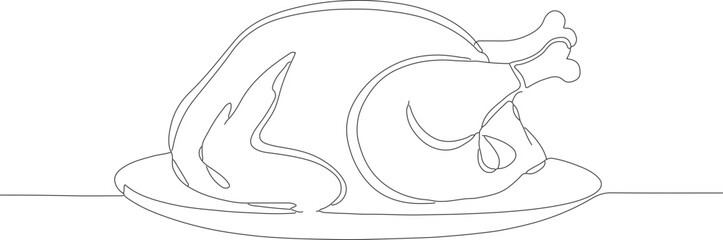 Continuous Line Drawing of Roasted Thanksgiving Turkey on a Plate Meal