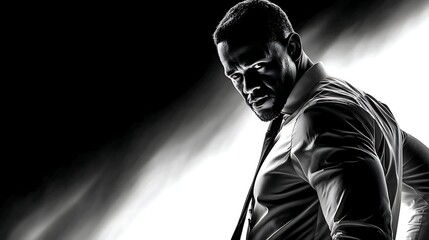 dramatic portrait of a man in a shirt and tie with an intense, powerful expression.