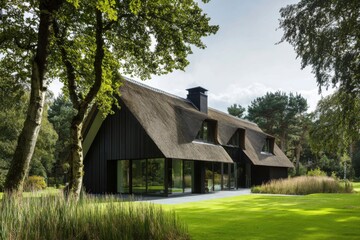 Obraz premium Modern black thatched cottage surrounded by lush greenery provides a serene escape in a tranquil natural setting during a sunny afternoon