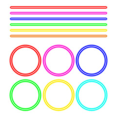 colorful neon glowing lines and circles set on white background, abstract futuristic light design elements