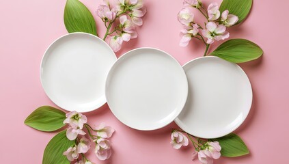 Three plates amidst pink flowers/greenery on pastel backdrop