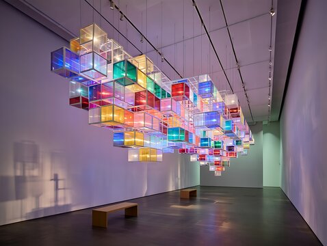 Colorful cube light installation hanging from ceiling in modern art gallery