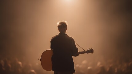 Musician strumming acoustic guitar on stage under warm spotlight, dark blurred crowd in background