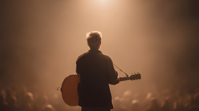 Musician strumming acoustic guitar on stage under warm spotlight, dark blurred crowd in background - Powered by Adobe