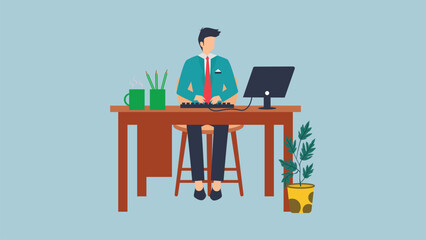 Man working at desk with computer, plant and mug, vector illustration in flat style