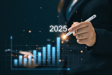 Business growth chart showing rising bar graph toward 2025, symbolizing financial success,...