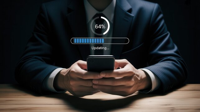 Determined businessman intently checking smartphone progress bar, signifying crucial software updates and digital progress in a modern professional setting.
