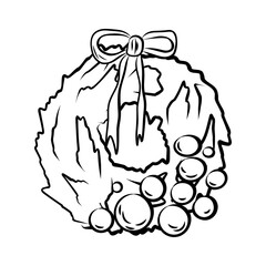 Linear illustration Christmas wreath with toys and bow. Christmas decorative element on white background.