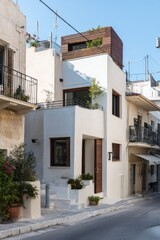 Modern white house with wooden accents in a charming street of a Mediterranean town, showcasing unique architecture and vibrant greenery