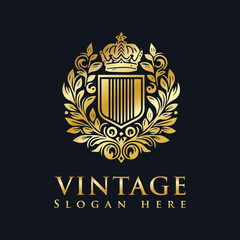 Vintage luxury logo design, golden ornamental crest emblem for premium branding