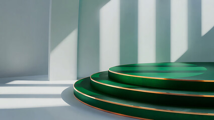 Green podium with gold trim in a minimalist studio with light and shadow