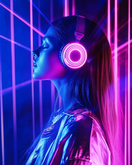 Young woman in glowing neon headphones with closed eyes enjoying music in vivid pink and blue club lighting
