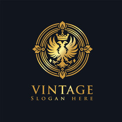 Vintage luxury logo design, golden ornamental crest emblem for premium branding