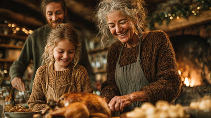 Mature woman carving roasted turkey during festive holiday meal, family members nearby, warm kitchen setting with fireplace creating cozy atmosphere