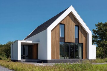 Modern house design featuring a mix of wood and white materials set against a clear blue sky in a serene natural landscape during daytime
