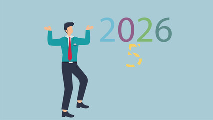 Businessman changing 2025 to 2026, symbolizing growth and success in the coming year, with a light blue background