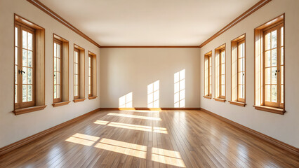 Sunlit empty room with wooden floors and large windows bathed in natural light
