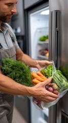 Fresh leafy greens are being carefully stored in a refrigerator, emphasizing the importance of nutrition and meal preparation