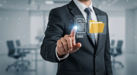 Confidently streamline business operations with a cutting-edge Document Management System, as a professional engages digital files for superior organization and efficiency