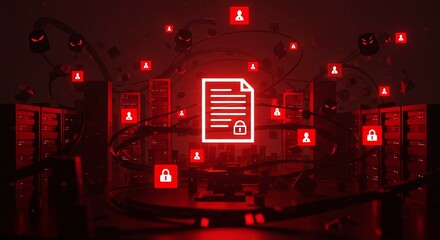 Protecting sensitive data from a menacing cyber attack in a dark, red server environment, highlighting urgent digital security and user privacy risks.
