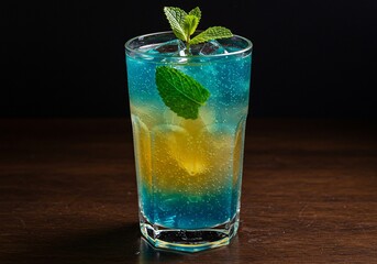Luminous Blue and Yellow Layered Cocktail with Fresh Mint on a Dark Bar