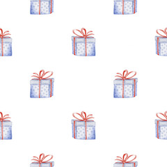 Seamless Christmas pattern with blue watercolor gift boxes tied with red ribbon on transparent background. Perfect for festive wrapping, textiles, greeting cards, and holiday decorations